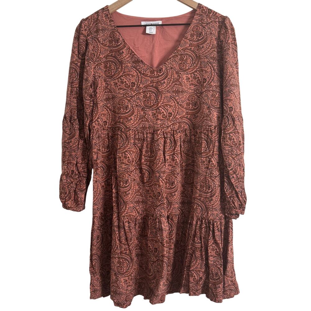 Lucky Brand Women's Long Sleeve V-Neck Tiered Paisley Dress Size Small Terracott
